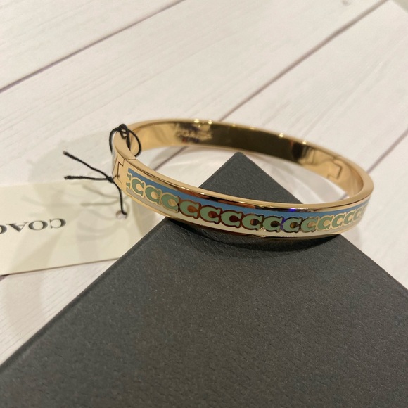 NWT! Authentic Coach bangle bracelet in gold, soft green and blue. Coach logos - Picture 4 of 8